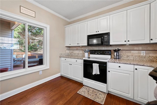 kitchen featuring dark hardwood / wood-style floors, crown molding, white cabinets, and electric range oven