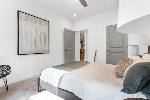 bedroom featuring baseboards, ceiling fan, carpet flooring, and recessed lighting