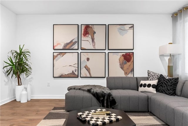 living area featuring baseboards and wood finished floors