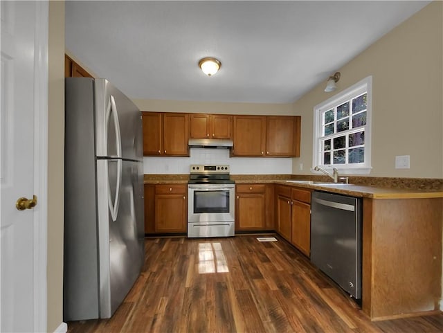 kitchen with sink, appliances with stainless steel finishes, and dark hardwood / wood-style floors