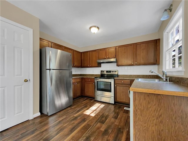 kitchen featuring dark wood-type flooring, stainless steel appliances, and sink