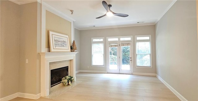 4230 Glen Vista Ct, Duluth, GA 30097 - unfurnished living room with light wood-style flooring, ceiling fan, baseboards, ornamental molding, and a fireplace with flush hearth