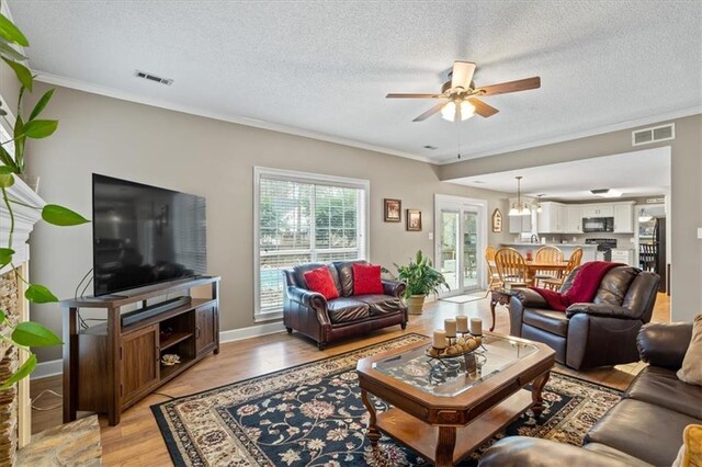 living room with a textured ceiling, crown molding, ceiling fan with notable chandelier, and light wood-type flooring