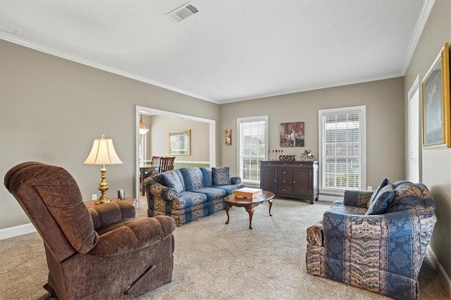 carpeted living room featuring crown molding