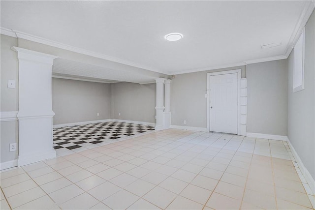 finished below grade area featuring light floors, baseboards, and crown molding