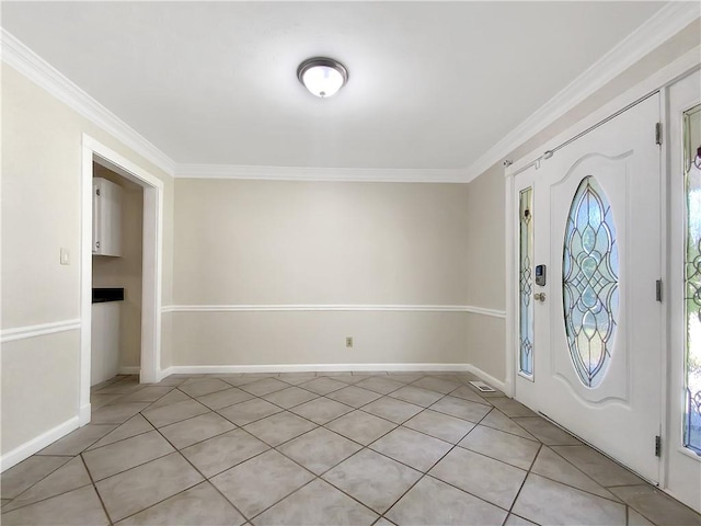 foyer featuring light tile patterned flooring and crown molding