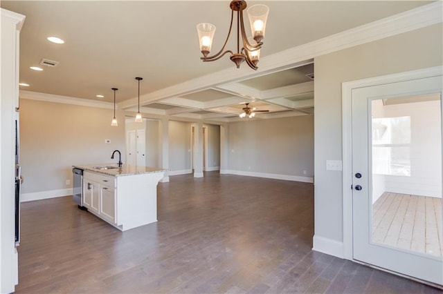 kitchen with sink, dark hardwood / wood-style flooring, white cabinets, coffered ceiling, and decorative light fixtures