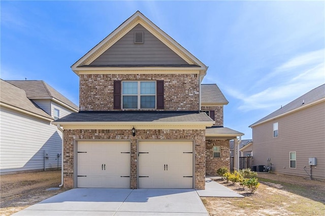 view of front facade with a garage, concrete driveway, brick siding, and central AC