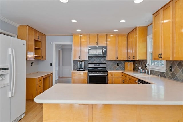 4423 Windsor Oaks Cir, Marietta, GA 30066 - kitchen with stainless steel gas range oven, white fridge with ice dispenser, a sink, tasteful backsplash, and light wood-type flooring