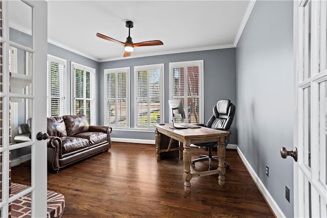 410 Hickory Fairway Ct, Woodstock, GA 30188 - office area featuring a ceiling fan, ornamental molding, baseboards, dark wood-type flooring, and french doors