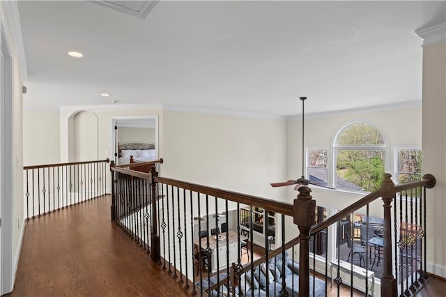 410 Hickory Fairway Ct, Woodstock, GA 30188 - hallway with wood finished floors, an upstairs landing, crown molding, recessed lighting, and baseboards