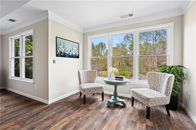 410 Hickory Fairway Ct, Woodstock, GA 30188 - living area with crown molding, healthy amount of natural light, baseboards, and dark wood finished floors