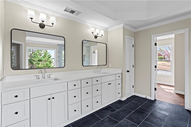 410 Hickory Fairway Ct, Woodstock, GA 30188 - bathroom with double vanity, ornamental molding, and baseboards