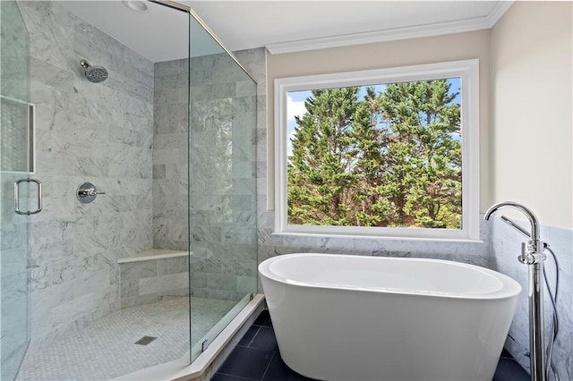 410 Hickory Fairway Ct, Woodstock, GA 30188 - bathroom with healthy amount of natural light, a shower stall, ornamental molding, tile walls, and a freestanding bath