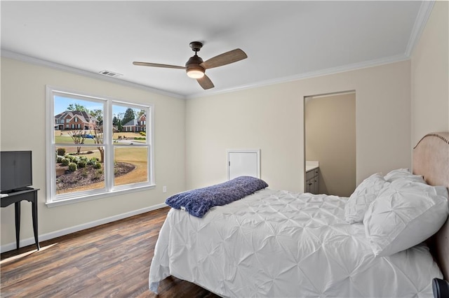 410 Hickory Fairway Ct, Woodstock, GA 30188 - bedroom with dark wood finished floors, crown molding, baseboards, and ceiling fan