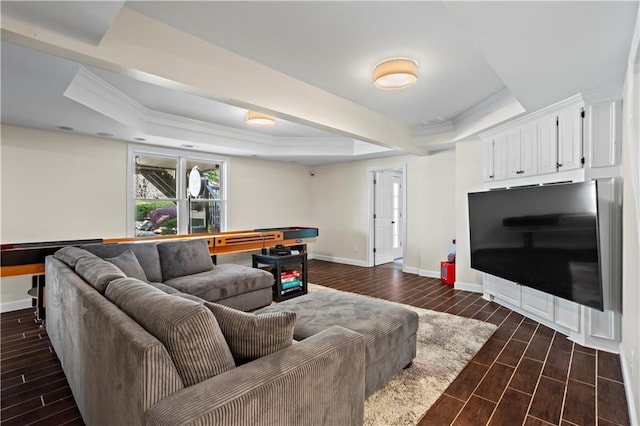 410 Hickory Fairway Ct, Woodstock, GA 30188 - living room featuring a raised ceiling, wood tiled floors, crown molding, and baseboards