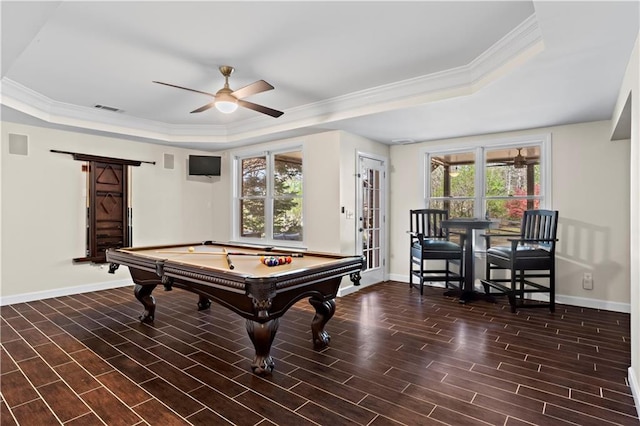410 Hickory Fairway Ct, Woodstock, GA 30188 - rec room with a raised ceiling, a ceiling fan, baseboards, crown molding, and pool table