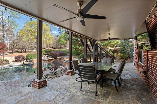 410 Hickory Fairway Ct, Woodstock, GA 30188 - view of patio / terrace with stairway, a ceiling fan, and outdoor dining space