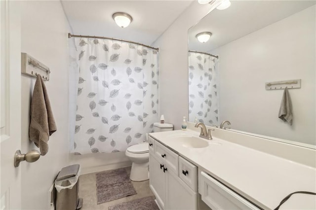 full bathroom with toilet, shower / bath combination with curtain, tile patterned flooring, and vanity