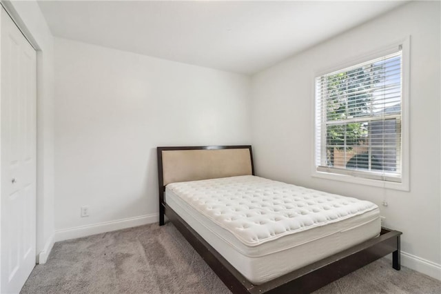 bedroom with a closet and light colored carpet