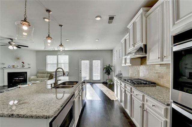 kitchen featuring under cabinet range hood, appliances with stainless steel finishes, a fireplace, dark wood-style floors, and a sink