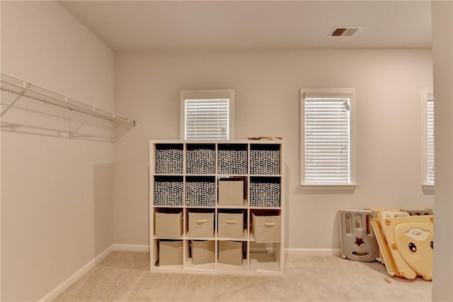 spacious closet with visible vents and carpet flooring