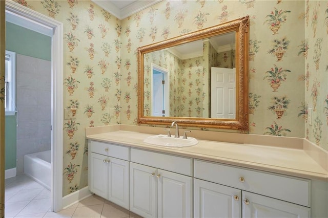 963 Bolingbrook Dr SW, Marietta, GA 30064 - bathroom featuring vanity, tile patterned flooring, crown molding, a tub to relax in, and baseboards