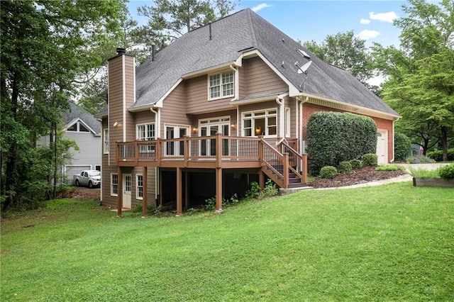 963 Bolingbrook Dr SW, Marietta, GA 30064 - rear view of property with a wooden deck, a yard, a chimney, roof with shingles, and a garage