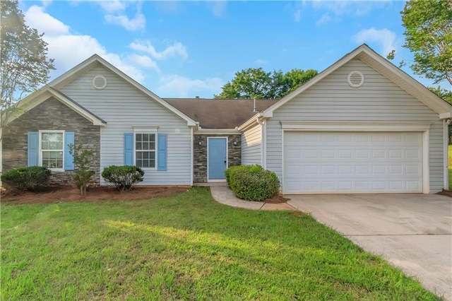 1011 Riverclift Dr, Covington, GA 30016 - ranch-style house with stone siding, concrete driveway, a garage, and a front yard