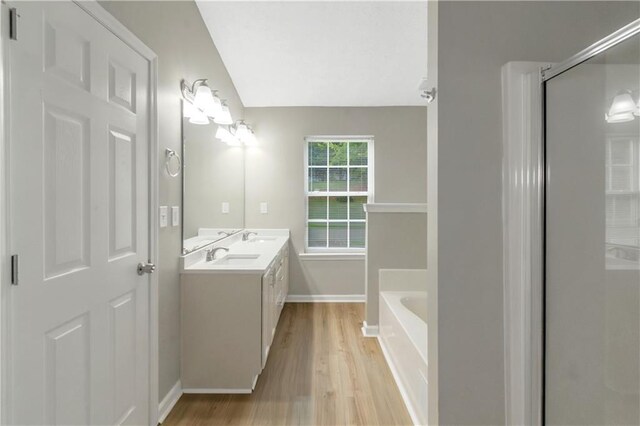 1011 Riverclift Dr, Covington, GA 30016 - bathroom with wood finished floors, a garden tub, baseboards, double vanity, and a shower with shower door