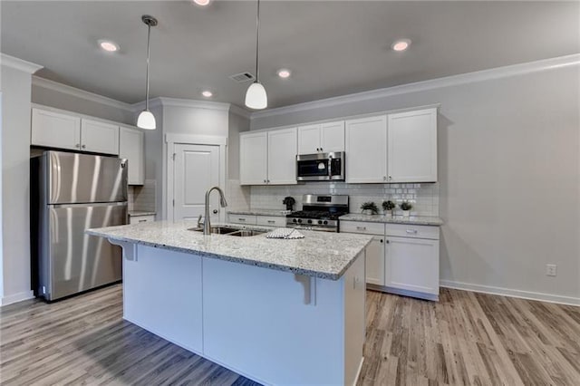 kitchen with white cabinets, visible vents, stainless steel appliances, and a sink