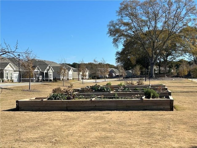 view of home's community featuring a residential view, a vegetable garden, and a lawn