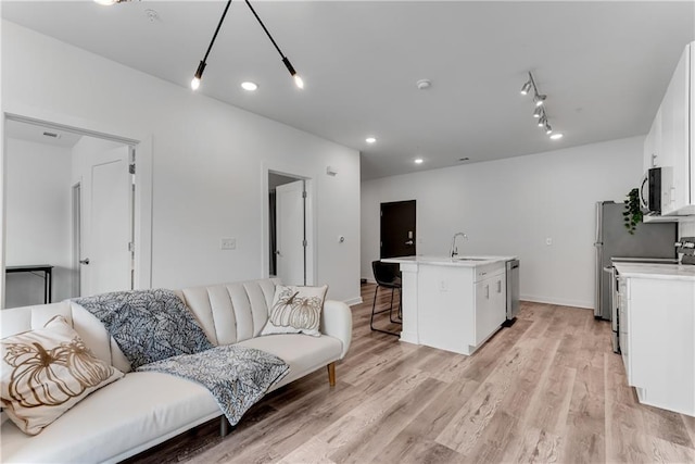 living room with sink, light wood-type flooring, and track lighting