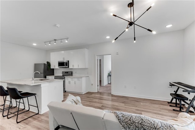 living room featuring sink, light hardwood / wood-style flooring, and rail lighting