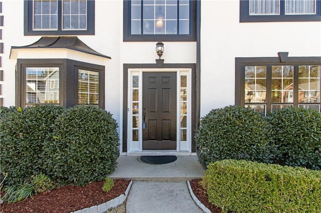 doorway to property featuring stucco siding