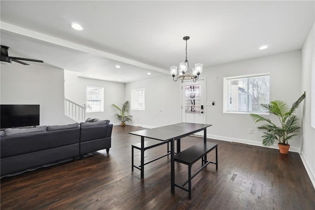 912 Ira St SW, Atlanta, GA 30310 - dining space with dark wood-type flooring, a chandelier, baseboards, recessed lighting, and stairs