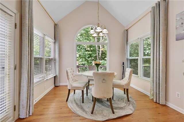 dining room featuring light wood-type flooring, lofted ceiling, and plenty of natural light