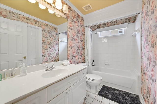 full bathroom with vanity, crown molding, toilet, tile patterned floors, and shower / bathtub combination with curtain