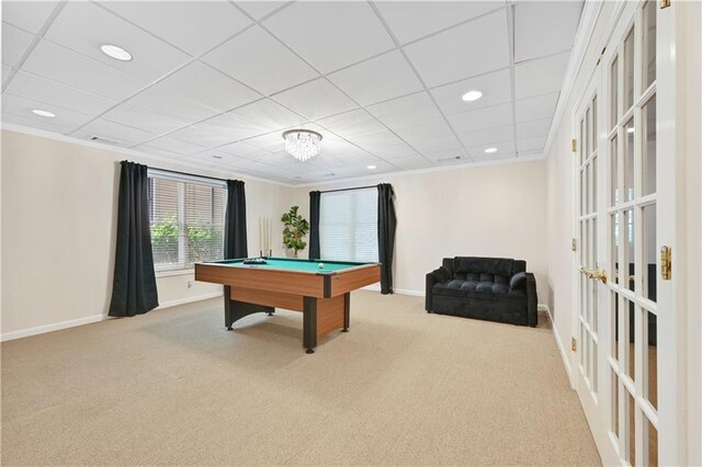 recreation room with ornamental molding, pool table, and carpet floors