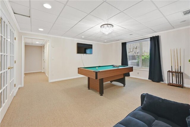 recreation room featuring pool table, carpet, and ornamental molding