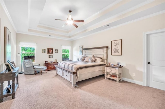 210 Riverpoint Way, Jackson, GA 30233 - bedroom with light colored carpet, a tray ceiling, crown molding, baseboards, and a ceiling fan