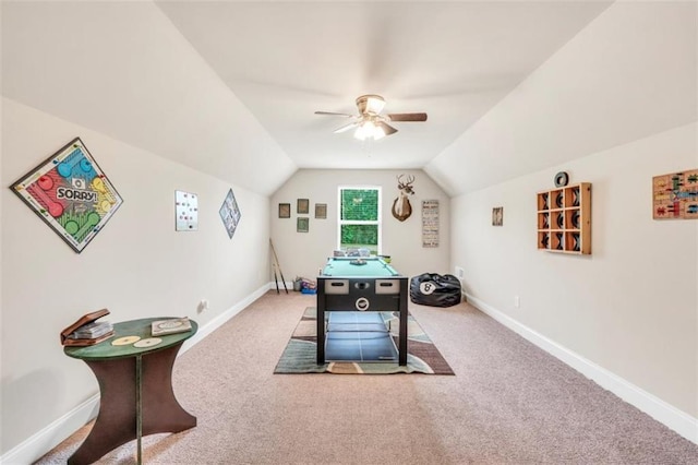 210 Riverpoint Way, Jackson, GA 30233 - game room with ceiling fan, carpet, vaulted ceiling, and baseboards