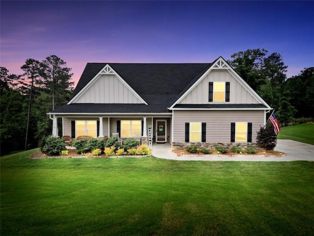 210 Riverpoint Way, Jackson, GA 30233 - modern farmhouse with board and batten siding, a front yard, a porch, and roof with shingles