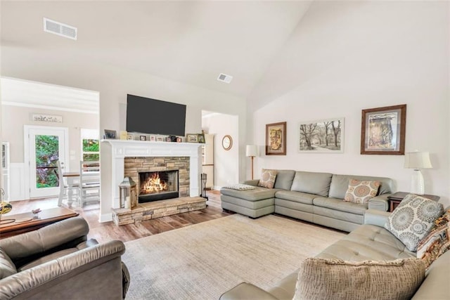 210 Riverpoint Way, Jackson, GA 30233 - living area featuring wood finished floors, high vaulted ceiling, and a fireplace