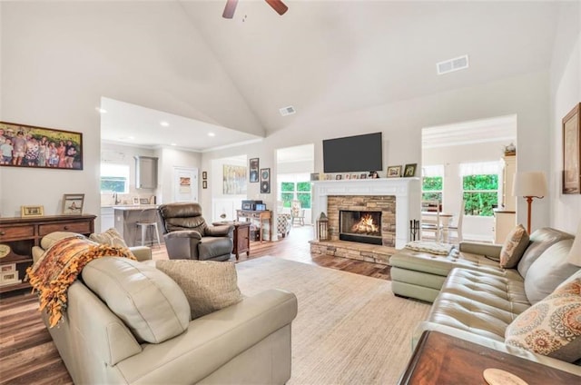 210 Riverpoint Way, Jackson, GA 30233 - living area with ceiling fan, wood finished floors, high vaulted ceiling, healthy amount of natural light, and a fireplace
