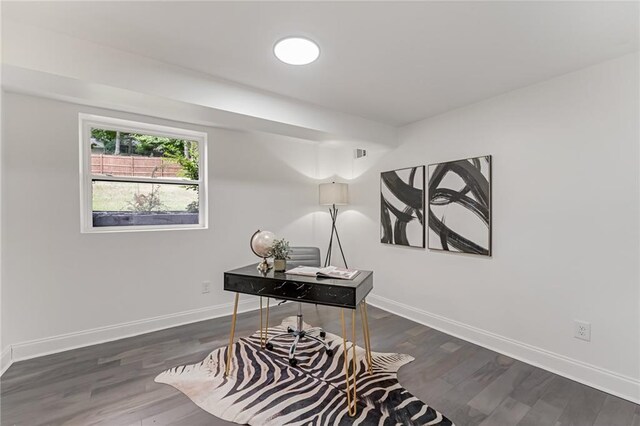 home office featuring dark wood-type flooring