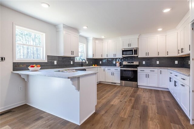 96 Sam Alexander Rd, Douglasville, GA 30134 - kitchen featuring dark wood-style flooring, a peninsula, a sink, and appliances with stainless steel finishes