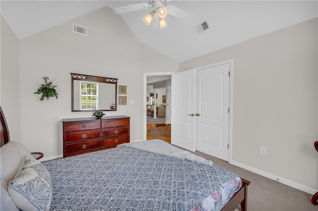 carpeted bedroom with high vaulted ceiling, baseboards, a ceiling fan, and a closet