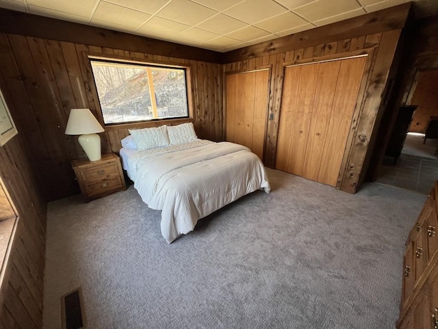 carpeted bedroom with visible vents, wood walls, and two closets