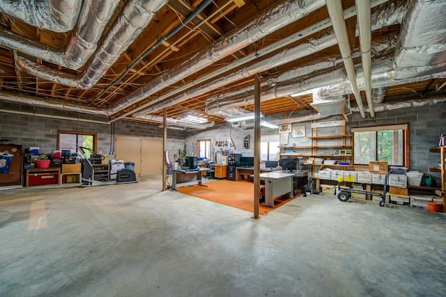 basement featuring plenty of natural light and concrete block wall